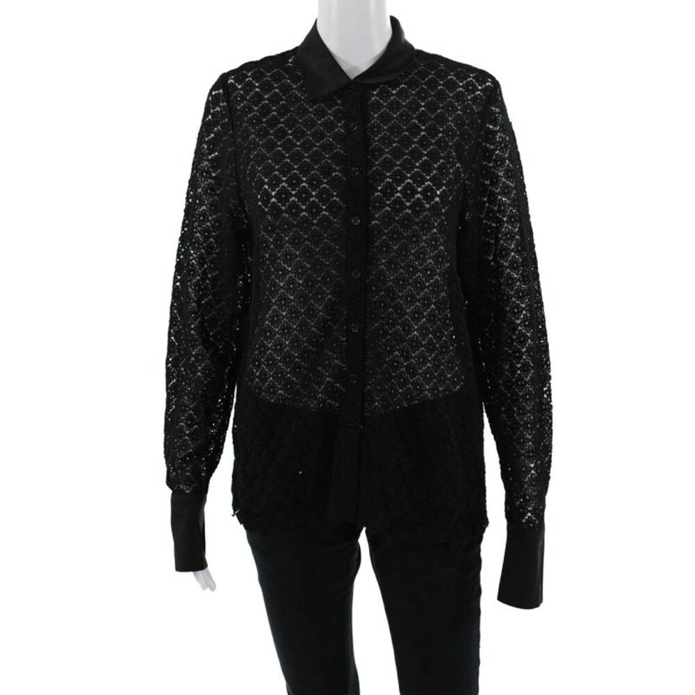 Sundays Womens Black Floral Collared Button-Up Long Sleeve Blouse Size S